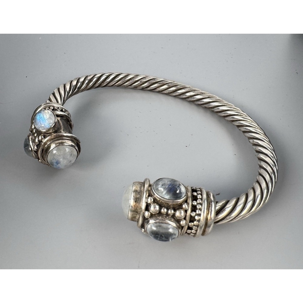 925 Sterling Silver Moonstone Twisted Cable Cuff Bracelet 59.15g Fits 7"